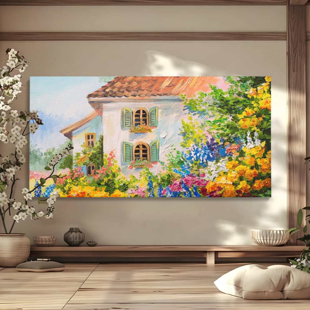 Tablou canvas cu pictura cu casa alba si flori, fara rama, pe sasiu de lemn